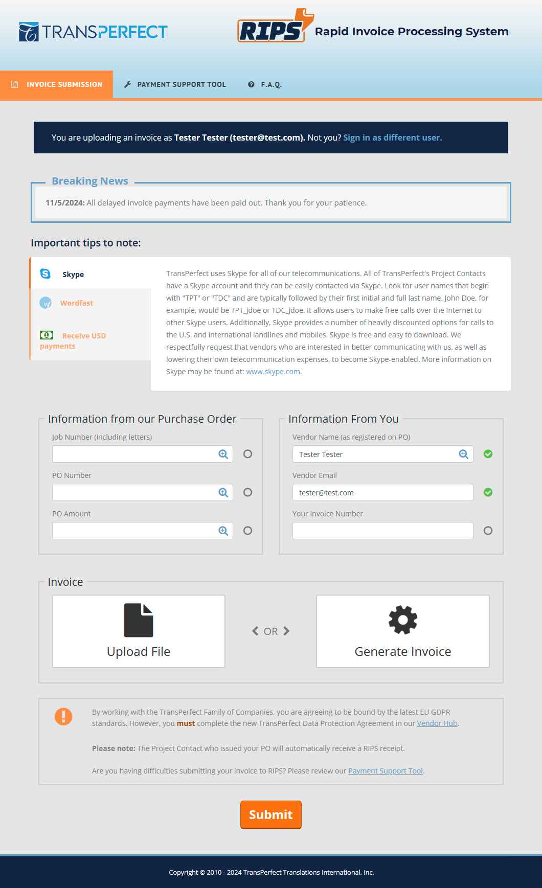 Main RIPS Invoice Submission Page (screenshot)