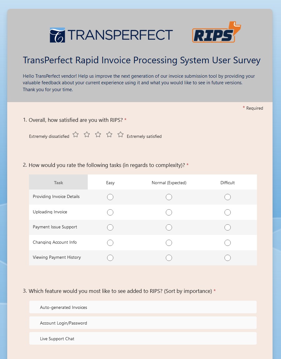 Vendor Survey Screenshot