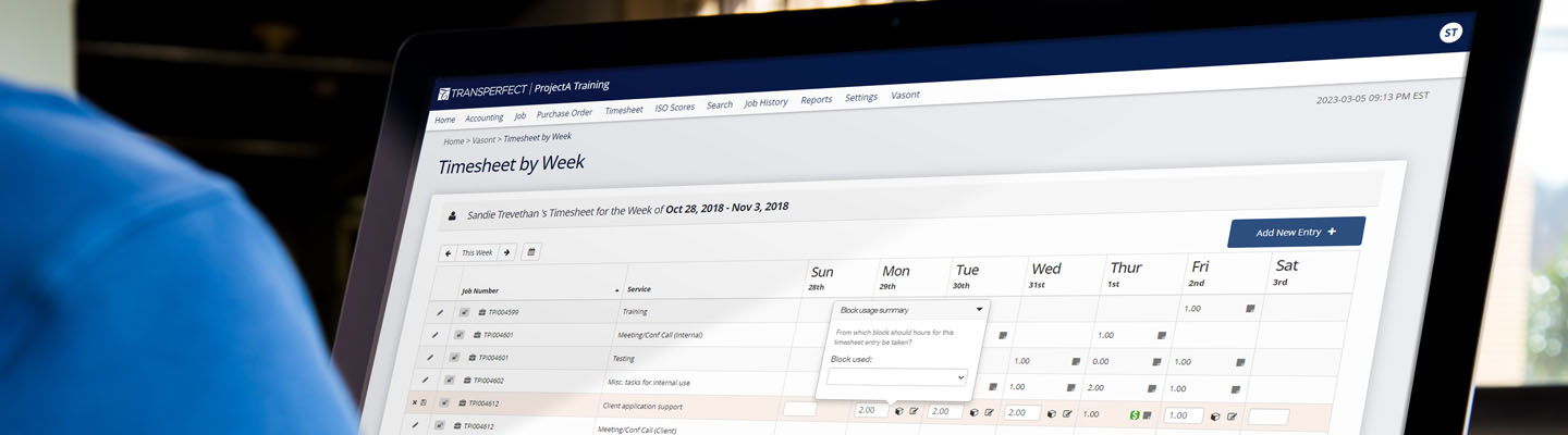 TransPerfect Timesheet console on desktop computer screen